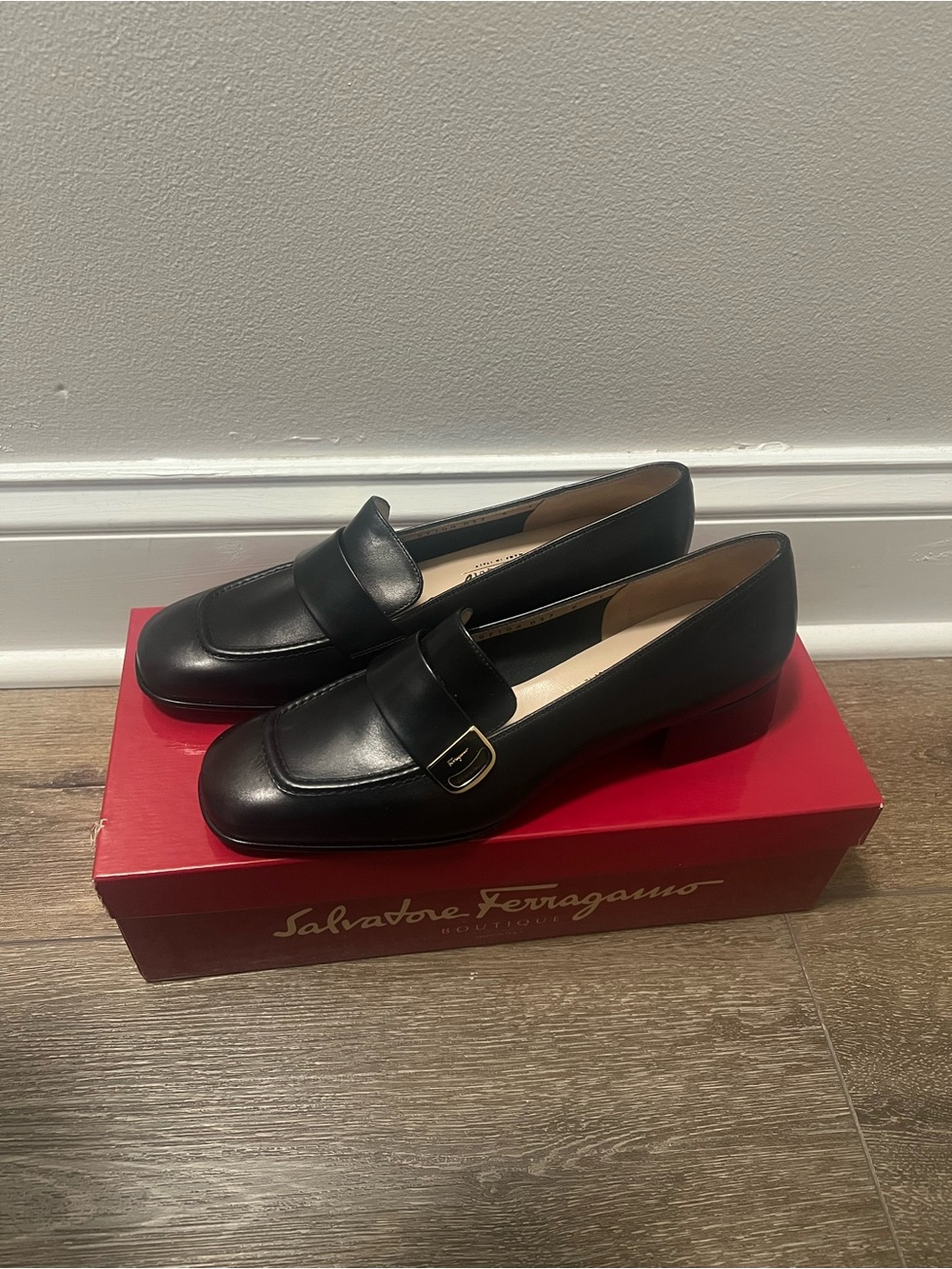 Salvatore Ferragamo Black Leather Penny Loafers with Gold Buckle